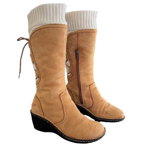 UGG Shoes - UGG Women’s Skylair Chestnut Suede Knit Pannel Lace Up Wedge Round Toe Boots 7